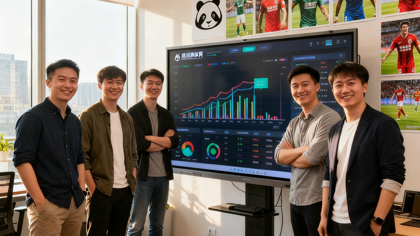 熊猫体育创始团队合照，年轻活力的办公室，贴着球队海报和数据分析大屏